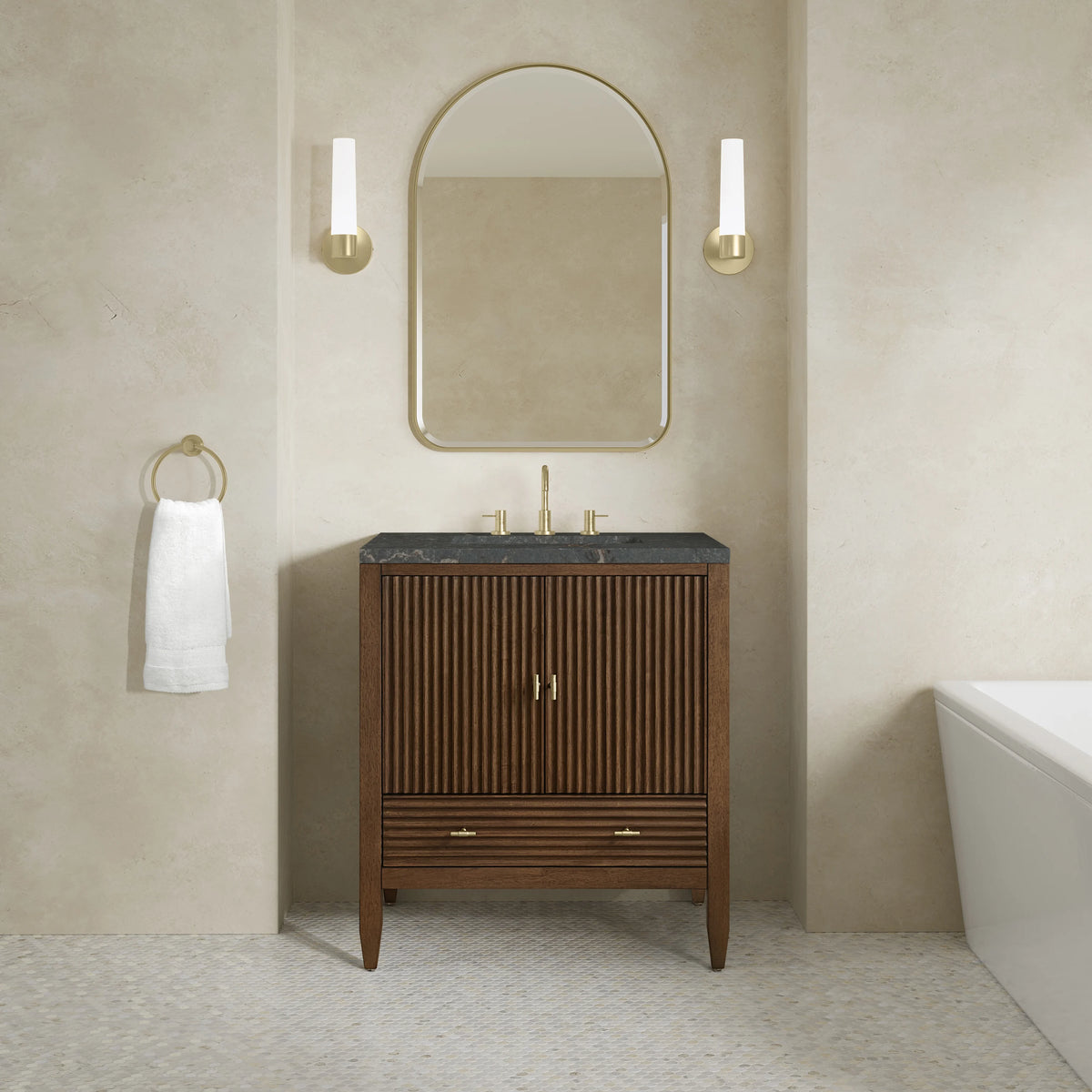 Myrrin 30" Single Vanity, Mid-Century Walnut w/ 3 CM Parisien Bleu Silestone Top, view 3