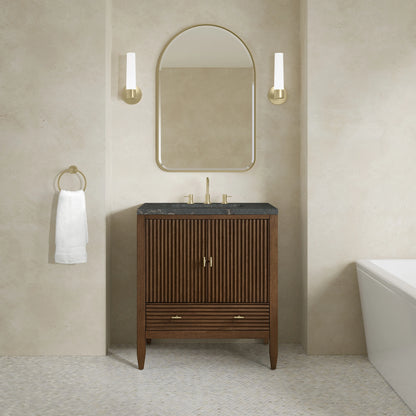 Myrrin 30" Single Vanity, Mid-Century Walnut w/ 3 CM Parisien Bleu Silestone Top, view 3