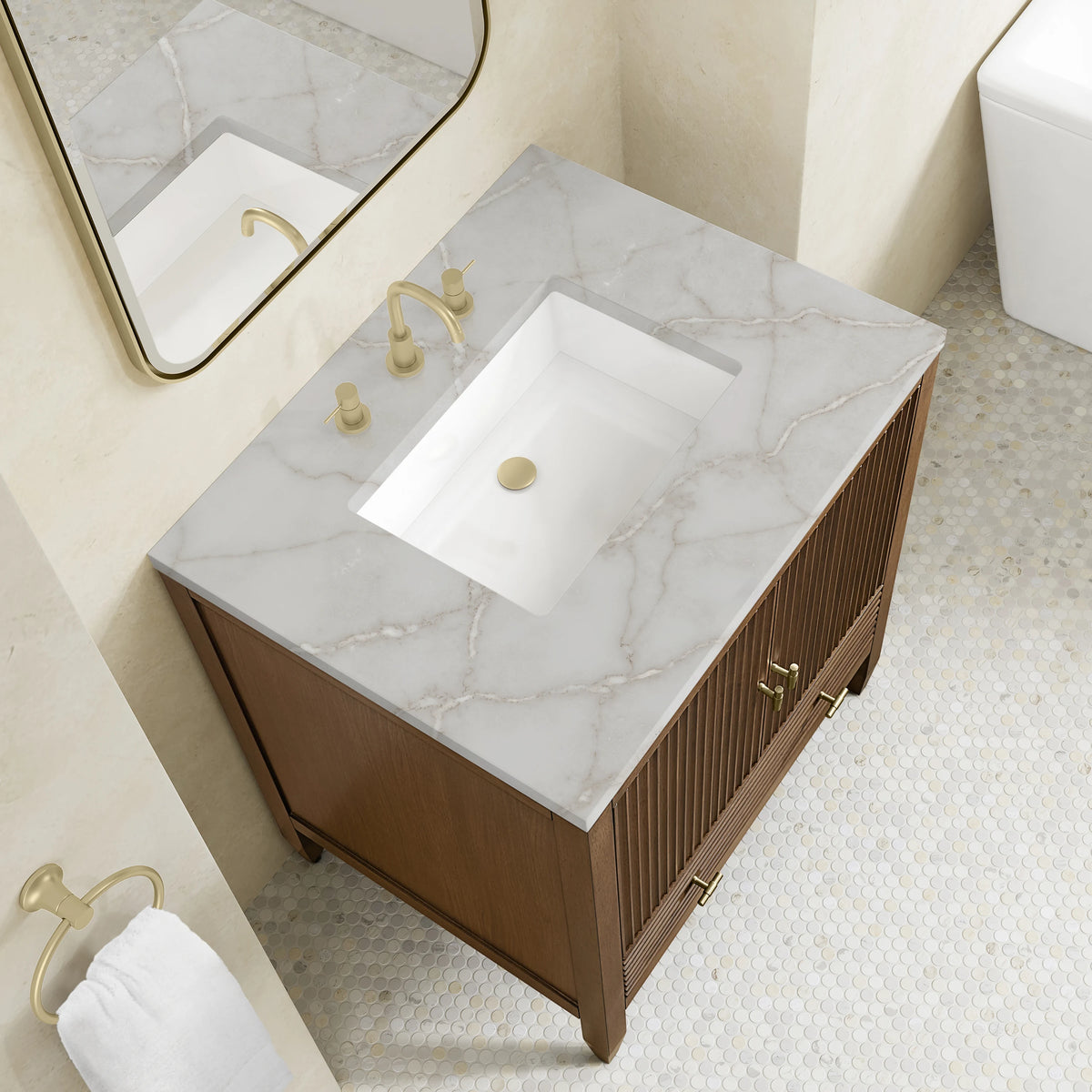 Myrrin 30" Single Vanity, Mid-Century Walnut w/ 3 CM Victorian Silver Silestone Top, view 7