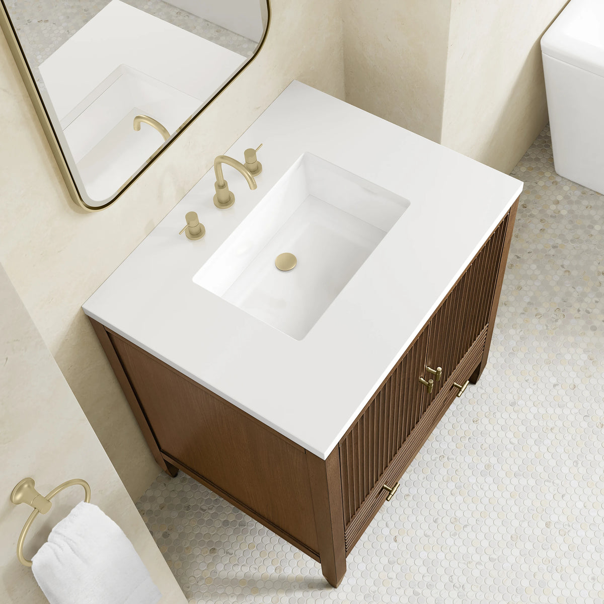 Myrrin 30" Single Vanity, Mid-Century Walnut w/ 3 CM White Zeus Silestone Top, view 11