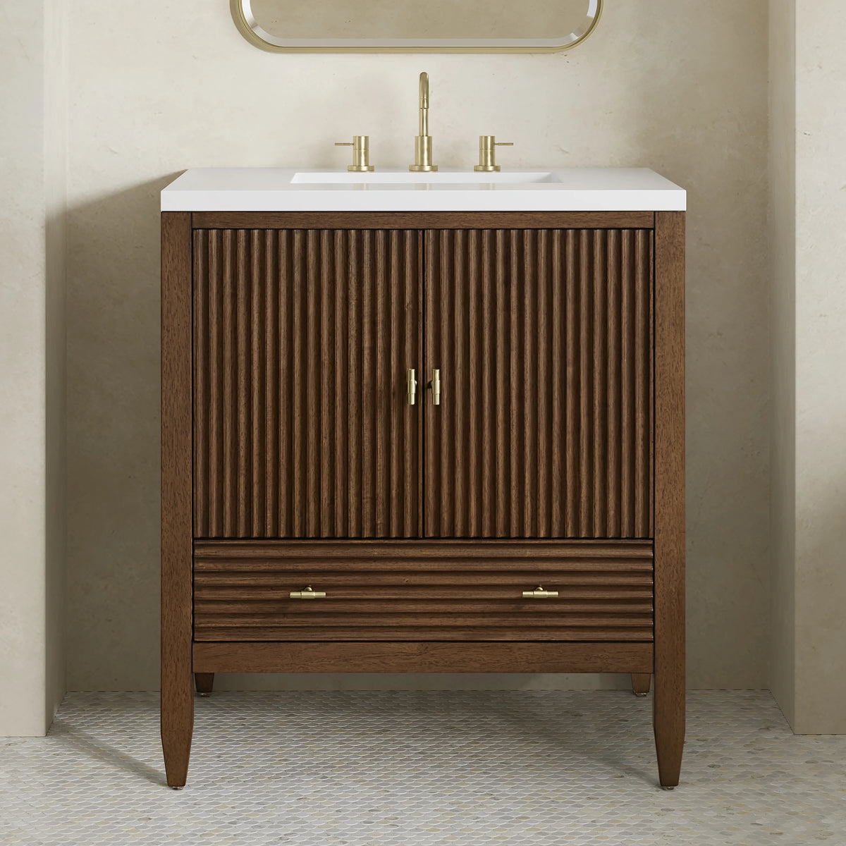 Myrrin 30" Single Vanity, Mid-Century Walnut w/ 3 CM White Zeus Silestone Top, view 5