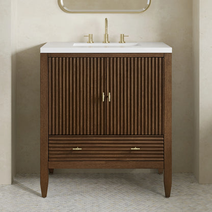 Myrrin 30" Single Vanity, Mid-Century Walnut w/ 3 CM White Zeus Silestone Top, view 5