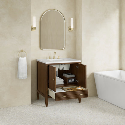 Myrrin 30" Single Vanity, Mid-Century Walnut w/ 3 CM White Zeus Silestone Top, view 8