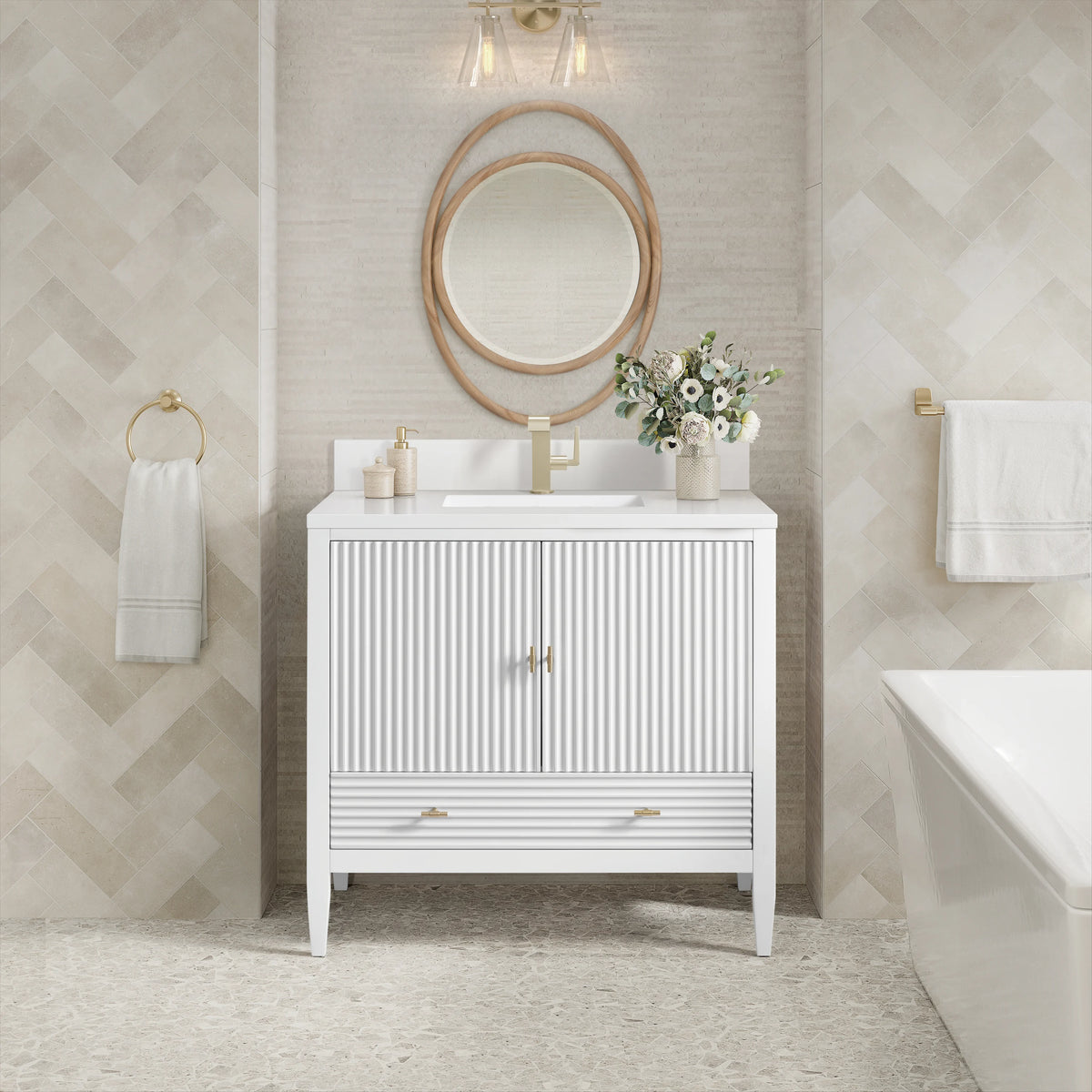 Myrrin 36" Vanity, Bright White w/ Single Hole 3 CM White Zeus Silestone Top & Backsplash, view 3