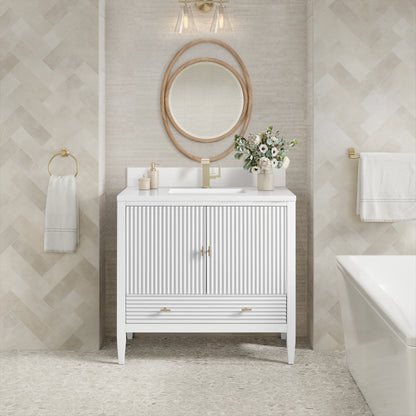 Myrrin 36" Vanity, Bright White w/ Single Hole 3 CM White Zeus Silestone Top & Backsplash, view 3