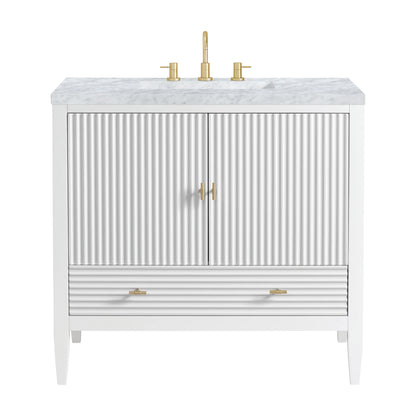 Myrrin 36" Vanity, Bright White w/ 3 CM Carrara White Marble Top