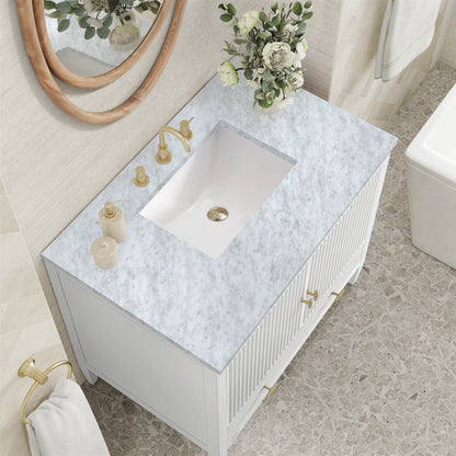 Myrrin 36" Vanity, Bright White w/ 3 CM Carrara White Marble Top, view 7