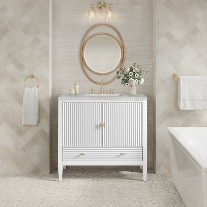 Myrrin 36" Vanity, Bright White w/ 3 CM Victorian Silver Silestone Top, view 3