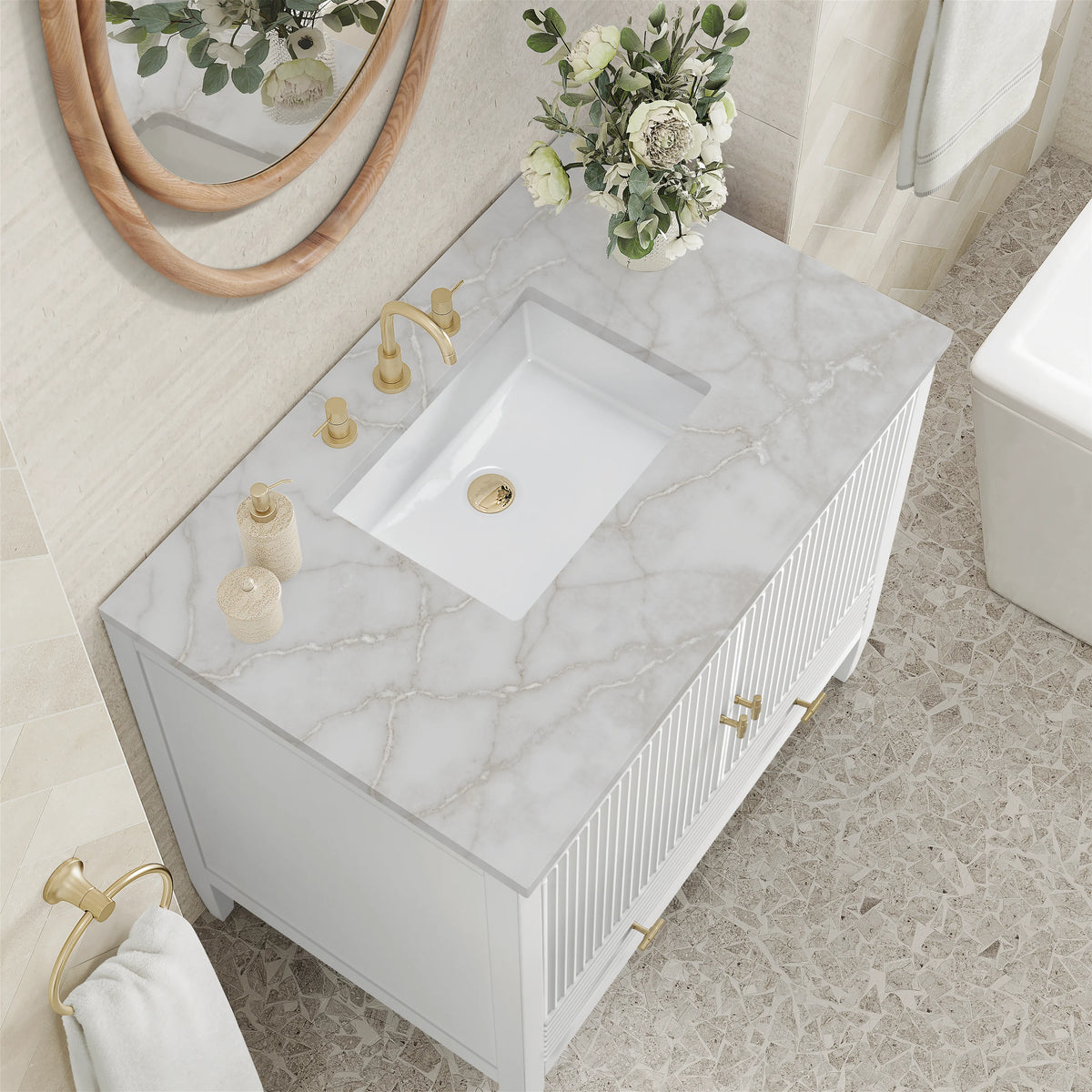 Myrrin 36" Vanity, Bright White w/ 3 CM Victorian Silver Silestone Top, view 7