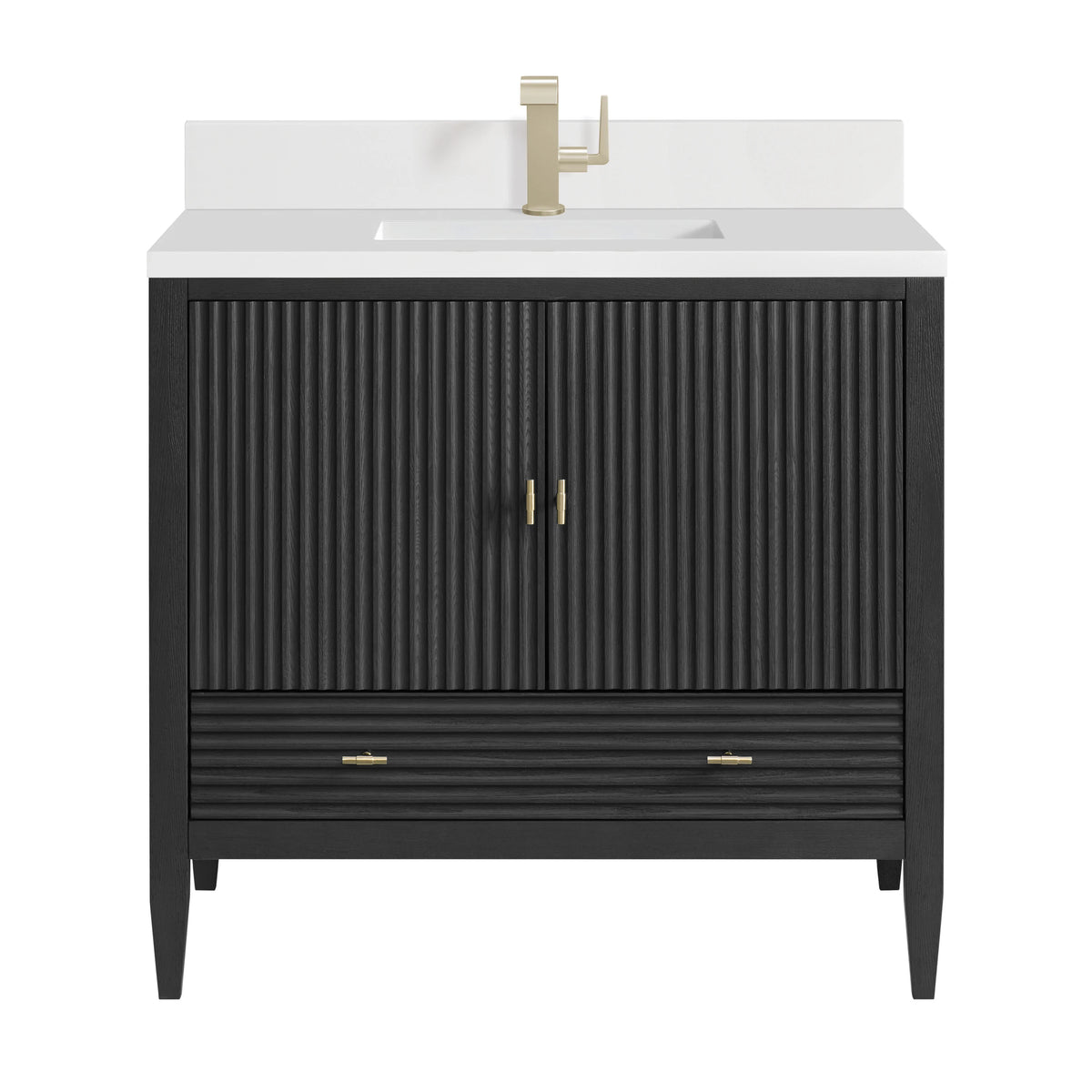 Myrrin 36" Vanity, Carbon Oak w/ Single Hole 3 CM White Zeus Silestone Top & Backsplash