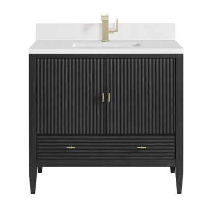Myrrin 36" Vanity, Carbon Oak w/ Single Hole 3 CM White Zeus Silestone Top & Backsplash