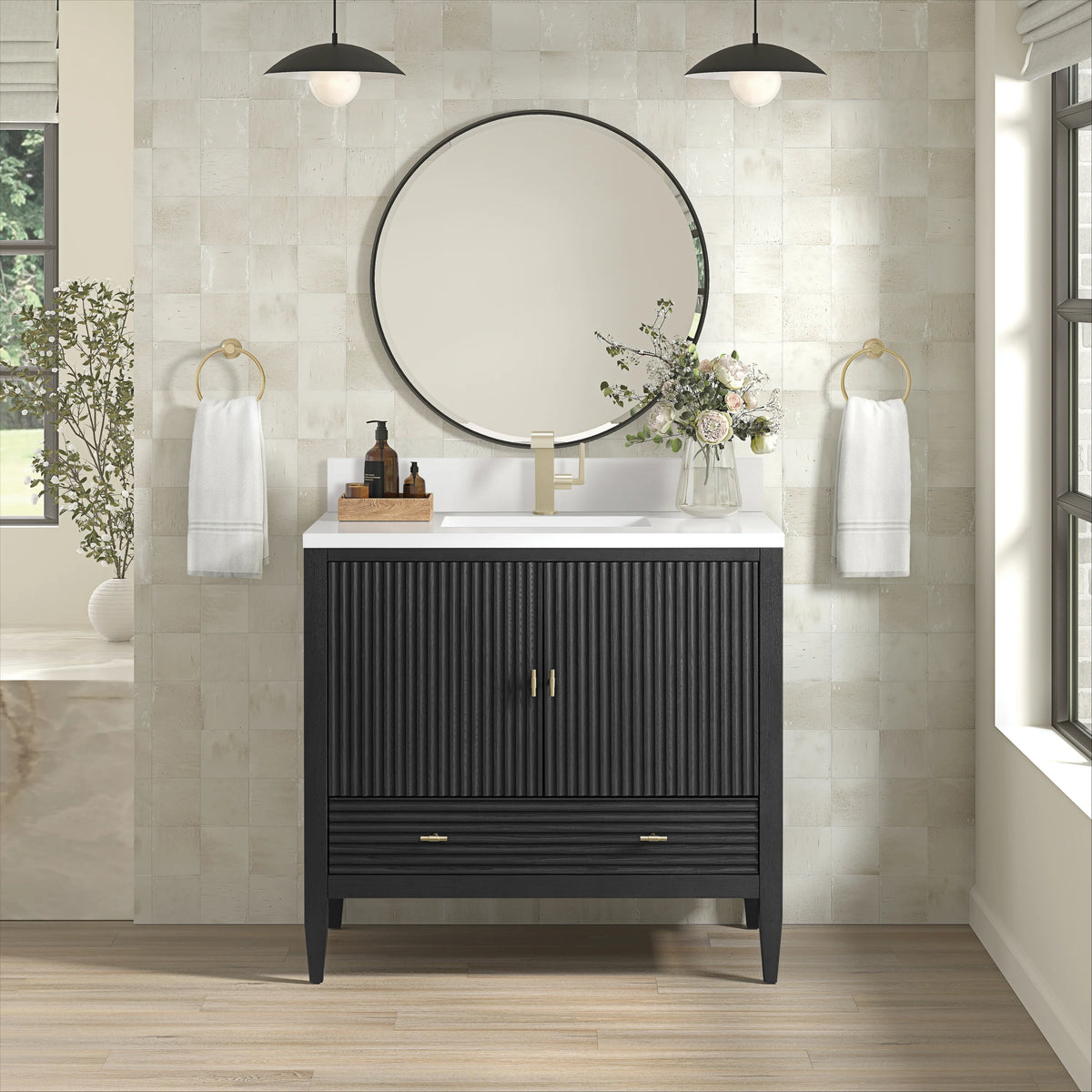 Myrrin 36" Vanity, Carbon Oak w/ Single Hole 3 CM White Zeus Silestone Top & Backsplash, view 3