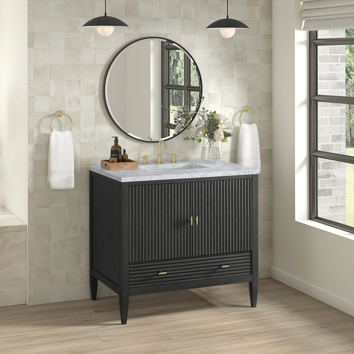 Myrrin 36" Vanity, Carbon Oak w/ 3 CM Carrara White Marble Top, view 4