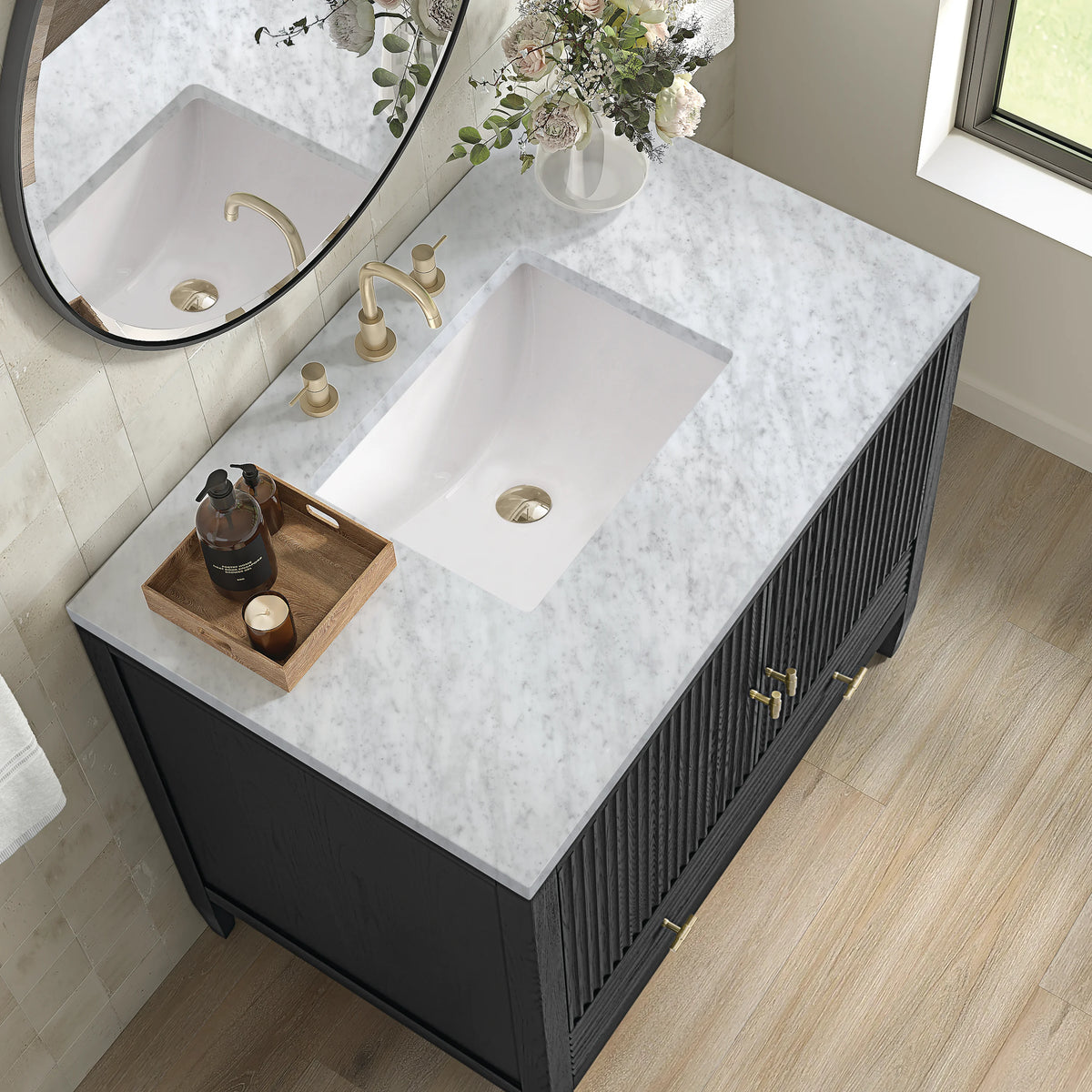 Myrrin 36" Vanity, Carbon Oak w/ 3 CM Carrara White Marble Top, view 7