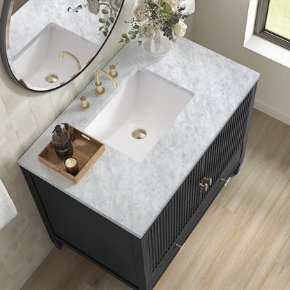 Myrrin 36" Vanity, Carbon Oak w/ 3 CM Carrara White Marble Top, view 7