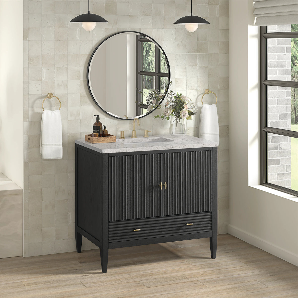 Myrrin 36" Vanity, Carbon Oak w/ 3 CM Eternal Jasmine Pearl Silestone Top, view 4