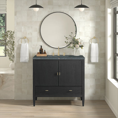 Myrrin 36" Vanity, Carbon Oak w/ 3 CM Parisien Bleu Silestone Top, view 3