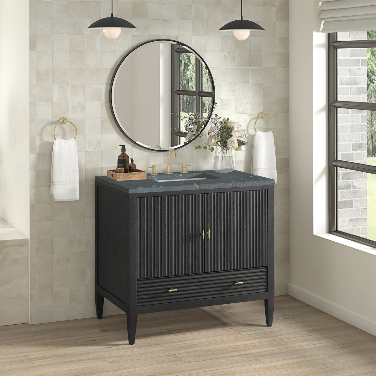 Myrrin 36" Vanity, Carbon Oak w/ 3 CM Parisien Bleu Silestone Top, view 4