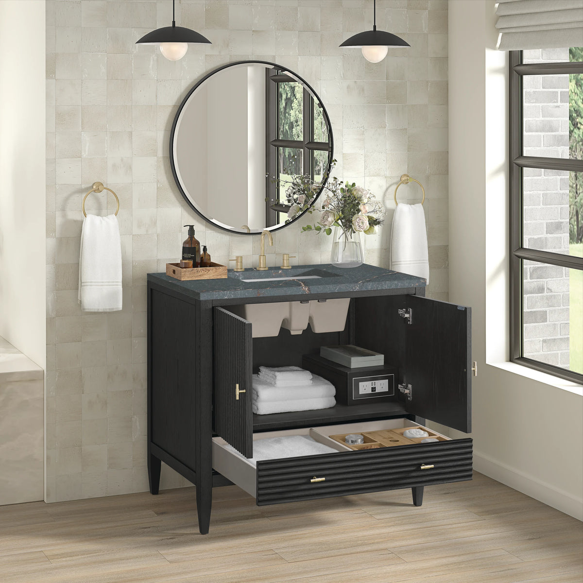 Myrrin 36" Vanity, Carbon Oak w/ 3 CM Parisien Bleu Silestone Top, view 5