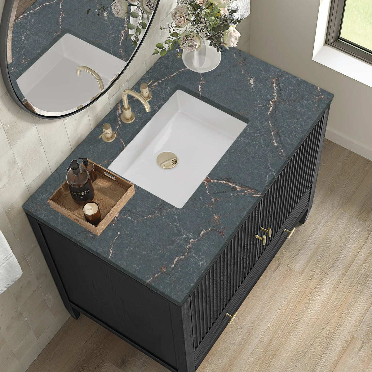 Myrrin 36" Vanity, Carbon Oak w/ 3 CM Parisien Bleu Silestone Top, view 7