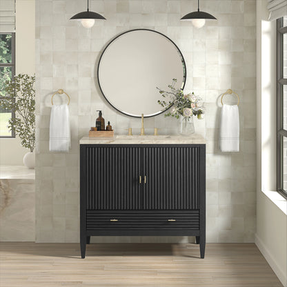 Myrrin 36" Vanity, Carbon Oak, w/ 3 CM Tajnar Eclos Top, view 3