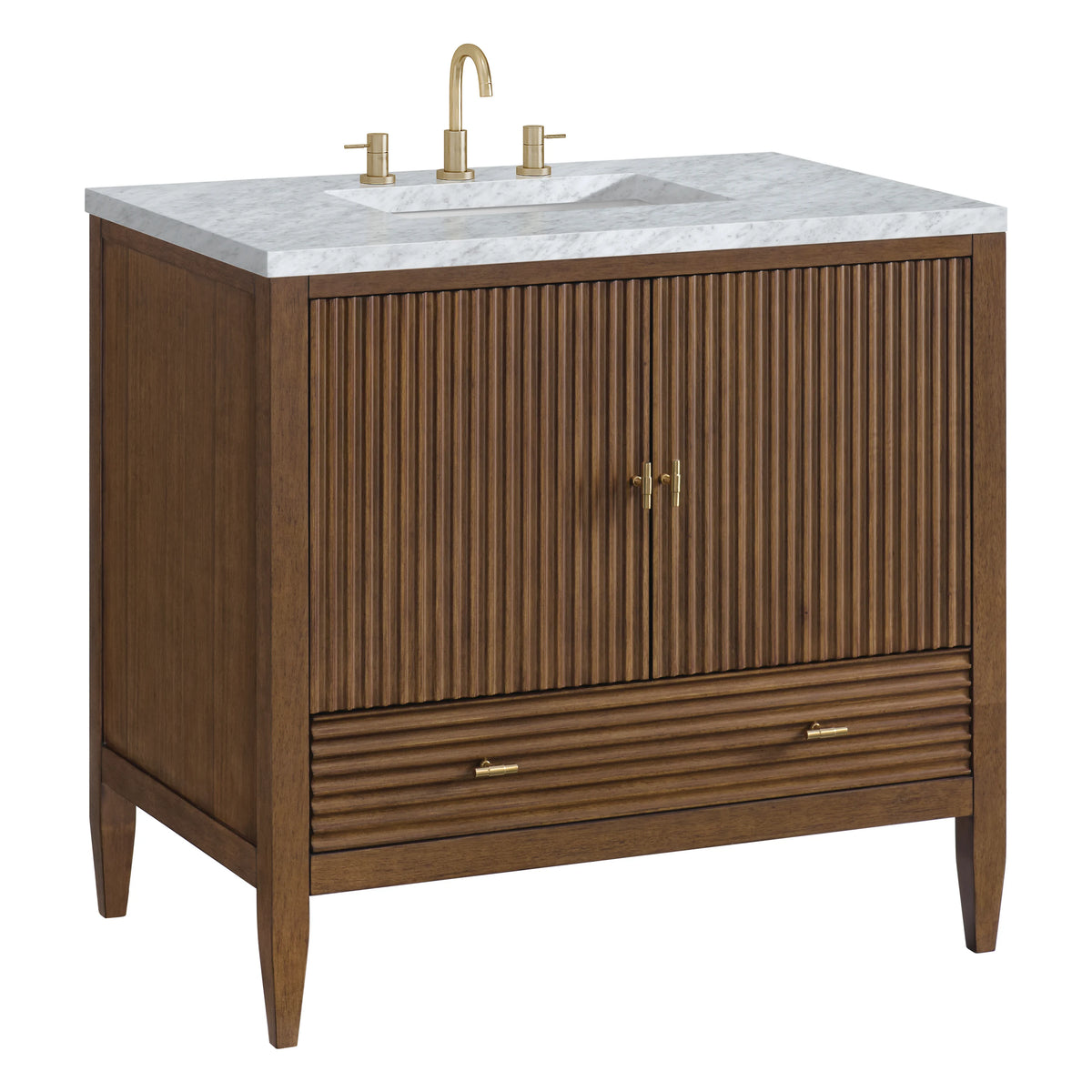 Myrrin 36" Vanity, Mid Century Walnut w/ 3 CM Carrara White Marble Top, view 10