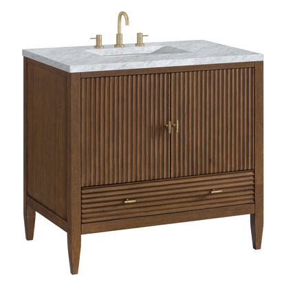 Myrrin 36" Vanity, Mid Century Walnut w/ 3 CM Carrara White Marble Top, view 10