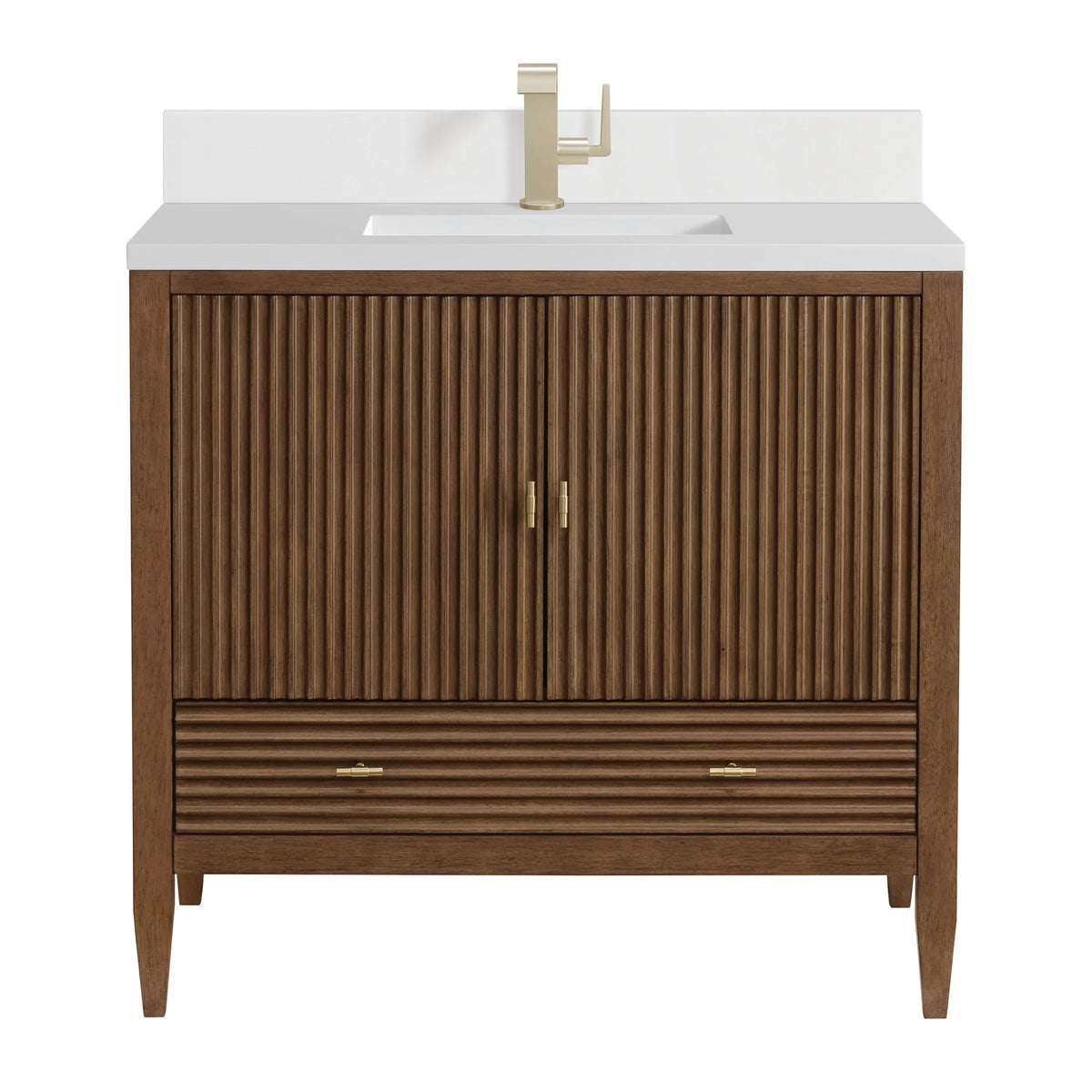 Myrrin 36" Vanity, Mid Century Walnut w/ Single Hole 3 CM White Zeus Silestone Top & Backsplash