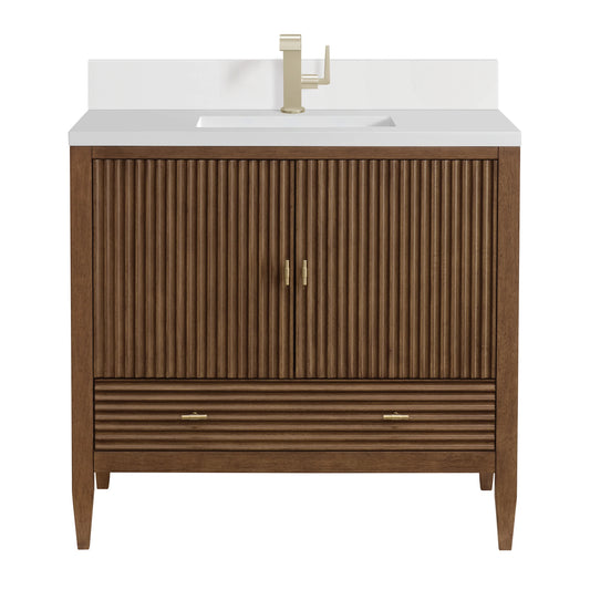 Myrrin 36" Vanity, Mid Century Walnut w/ Single Hole 3 CM White Zeus Silestone Top & Backsplash