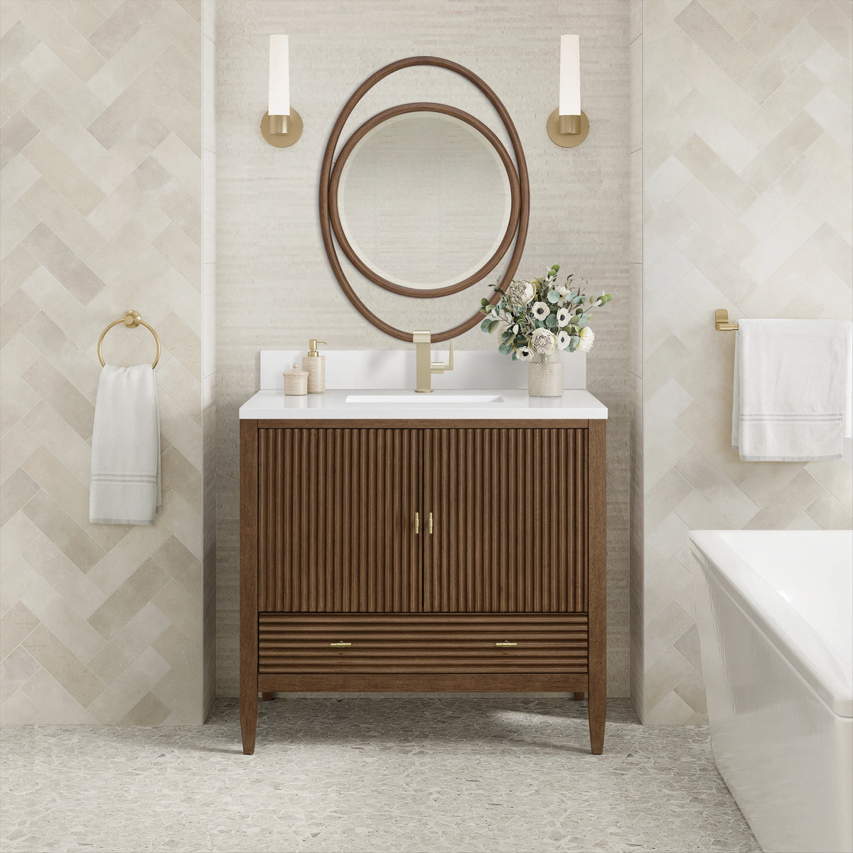 Myrrin 36" Vanity, Mid Century Walnut w/ Single Hole 3 CM White Zeus Silestone Top & Backsplash, view 3