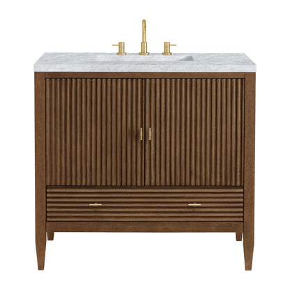 Myrrin 36" Vanity, Mid Century Walnut w/ 3 CM Carrara White Marble Top