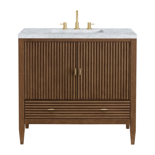 Myrrin 36" Vanity, Mid Century Walnut w/ 3 CM Carrara White Marble Top