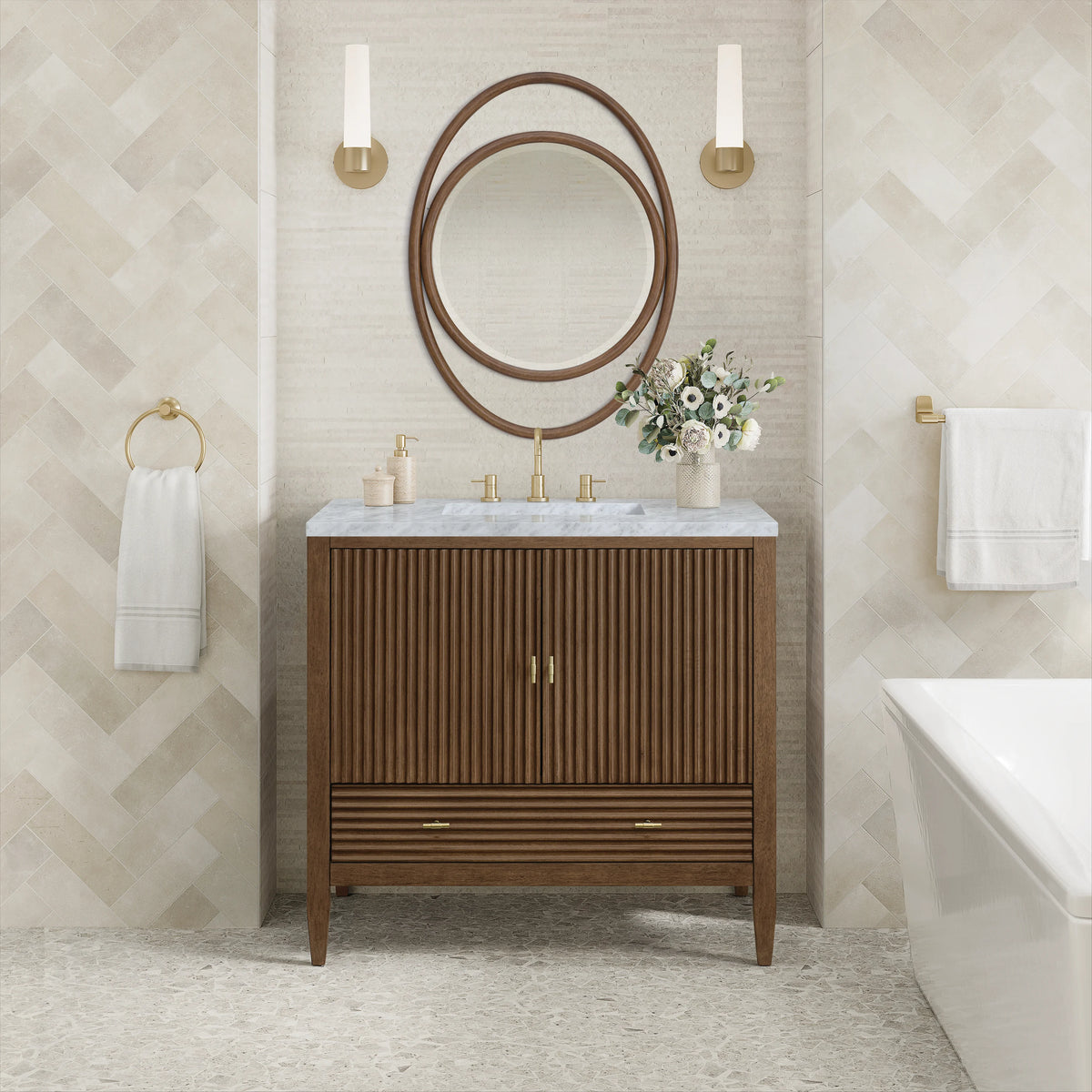 Myrrin 36" Vanity, Mid Century Walnut w/ 3 CM Carrara White Marble Top, view 3