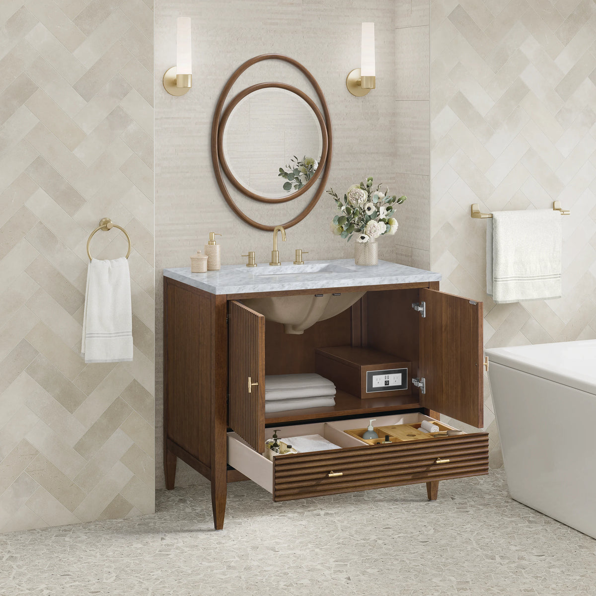 Myrrin 36" Vanity, Mid Century Walnut w/ 3 CM Carrara White Marble Top, view 5