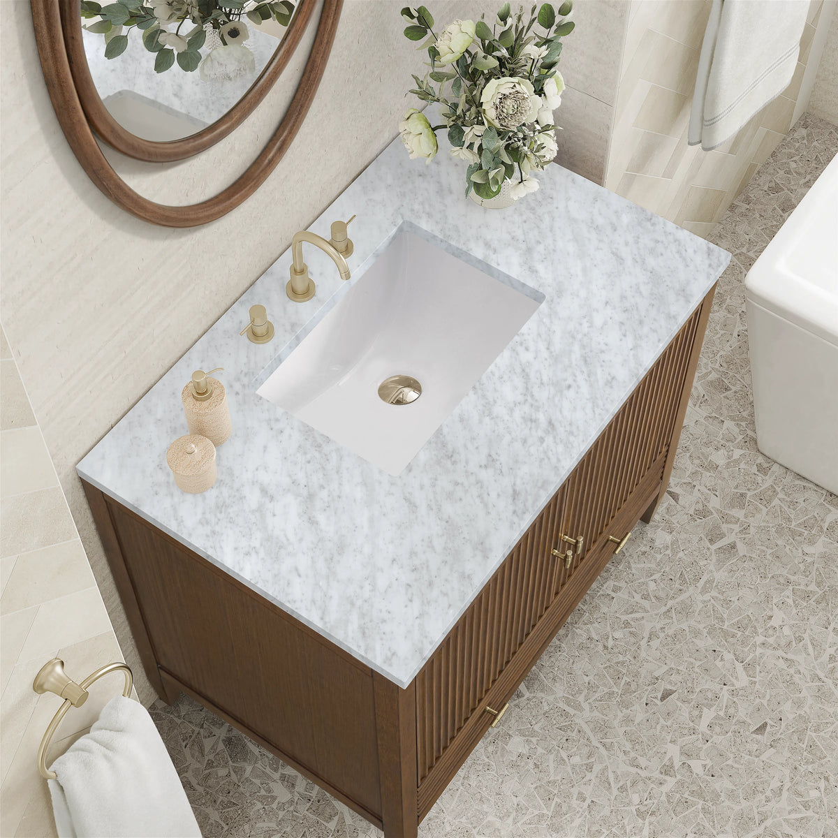 Myrrin 36" Vanity, Mid Century Walnut w/ 3 CM Carrara White Marble Top, view 7