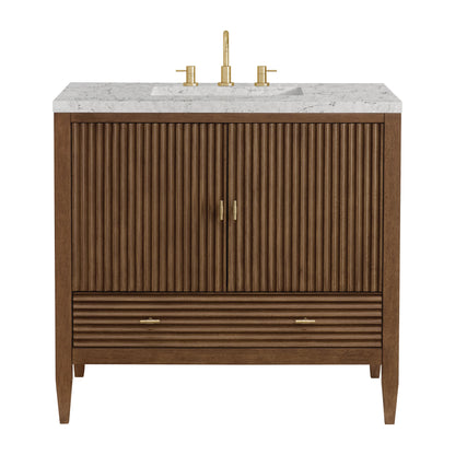 Myrrin 36" Vanity, Mid Century Walnut w/ 3 CM Eternal Jasmine Pearl Silestone Top