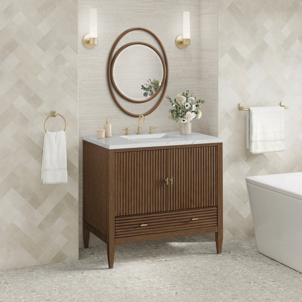 Myrrin 36" Vanity, Mid Century Walnut w/ 3 CM Ethereal Noctis Silestone Top, view 4
