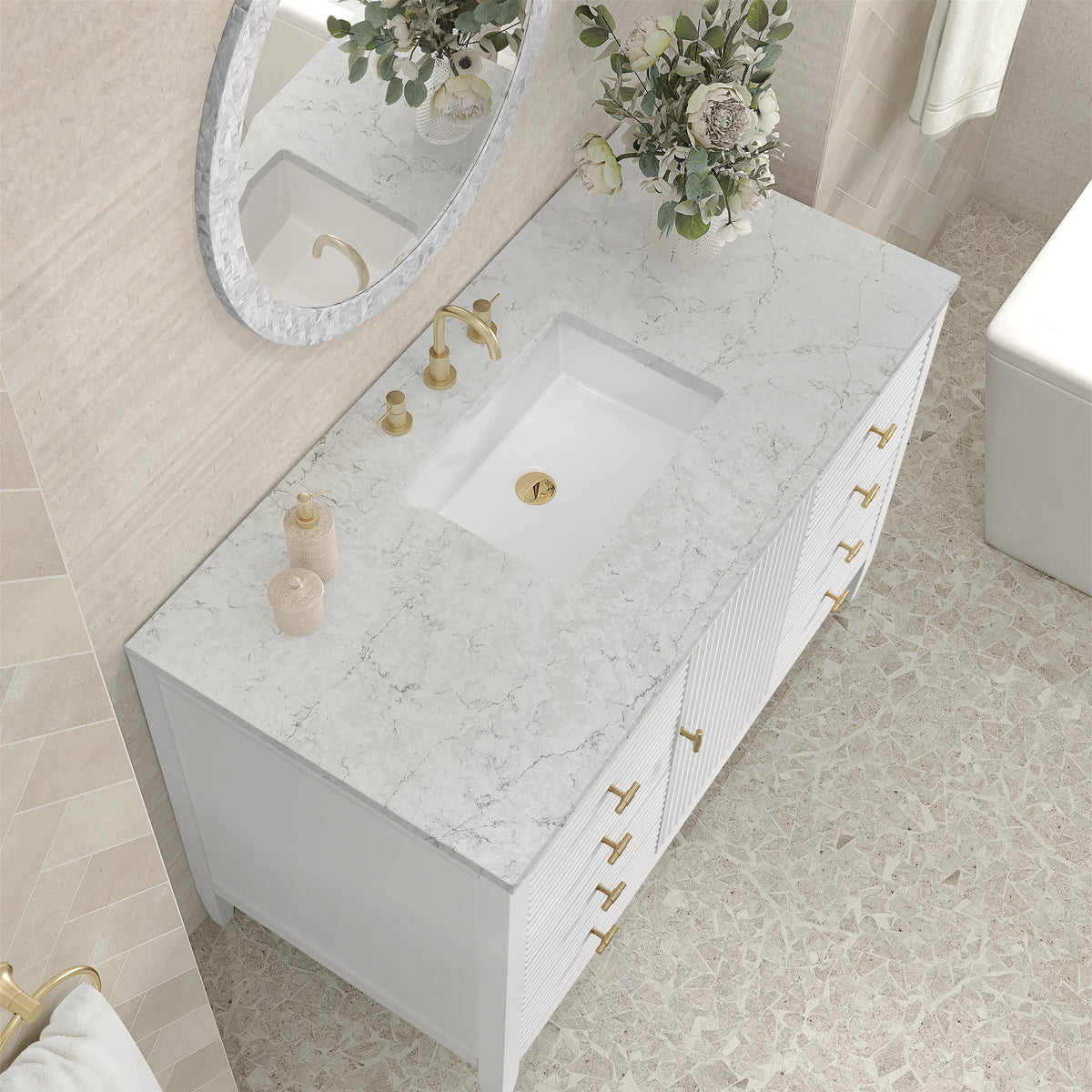 Myrrin 48" Single Vanity, Bright White w/ 3 CM Eternal Jasmine Pearl Silestone Top, view 7