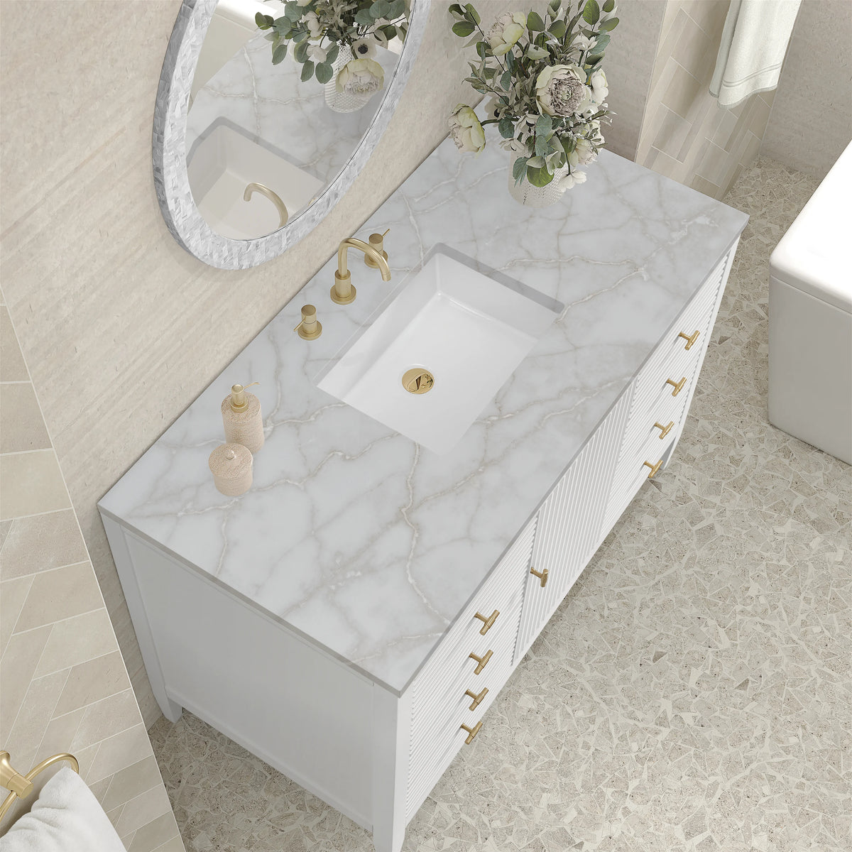 Myrrin 48" Single Vanity, Bright White w/ 3 CM Victorian Silver Silestone Top, view 7