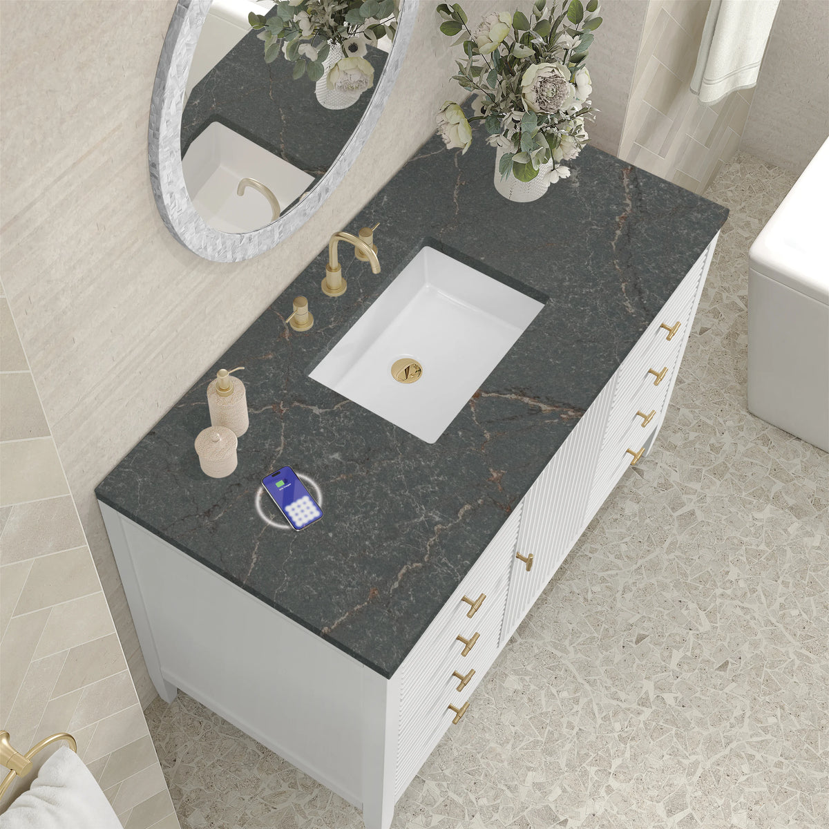 Myrrin 48" Single Vanity, Bright White w/ 3 CM Parisien Bleu Silestone Top w/FreePower Wireless Charger, view 10