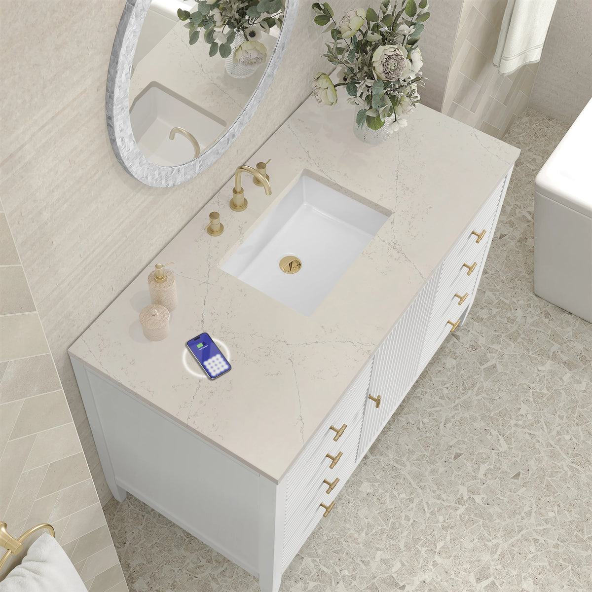 Myrrin 48" Single Vanity, Bright White, w/ 3 CM Siberian Silestone Top w/FreePower Wireless Charger, view 8
