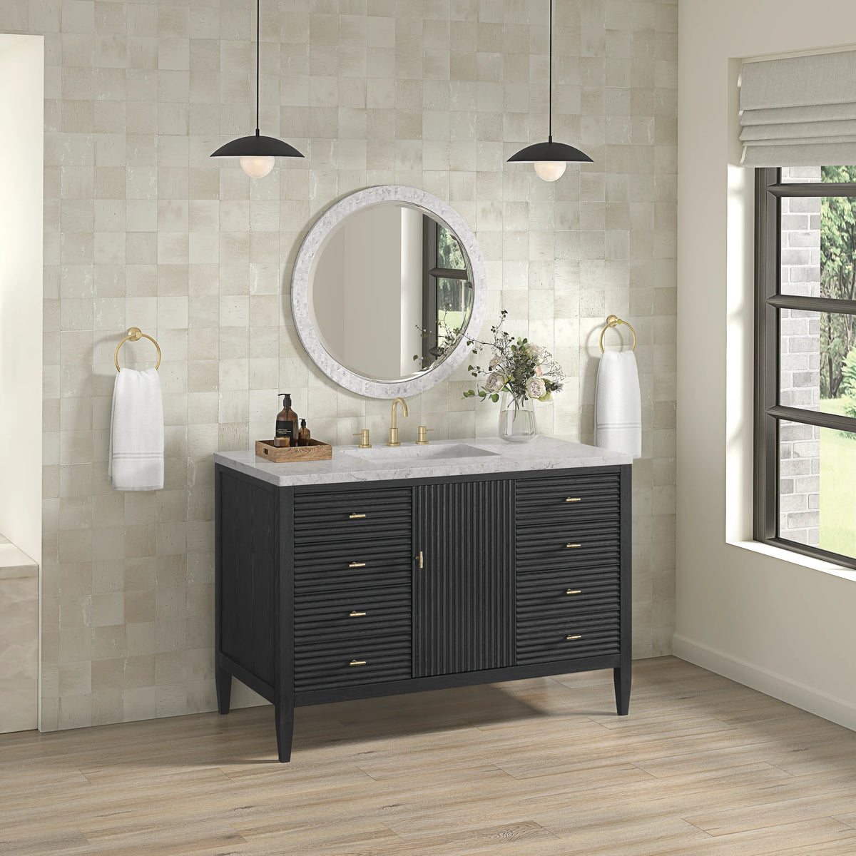 Myrrin 48" Single Vanity, Carbon Oak w/ 3 CM Eternal Jasmine Pearl Silestone Top, view 4