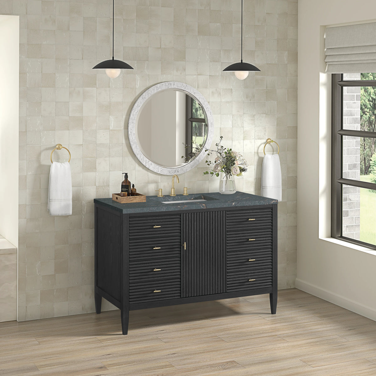 Myrrin 48" Single Vanity, Carbon Oak w/ 3 CM Parisien Bleu Silestone Top, view 4