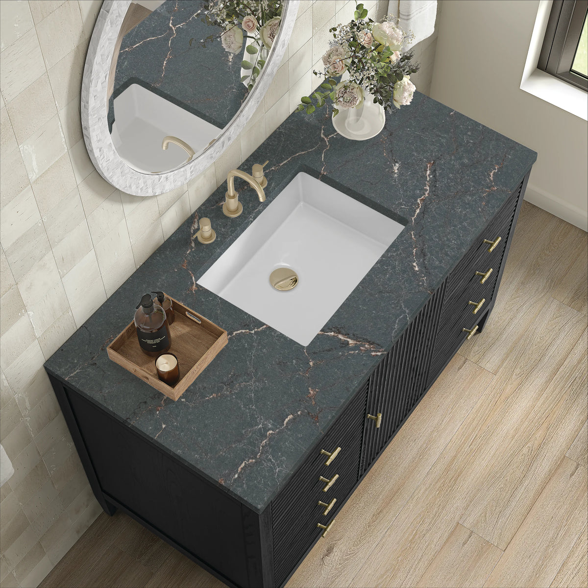 Myrrin 48" Single Vanity, Carbon Oak w/ 3 CM Parisien Bleu Silestone Top, view 7