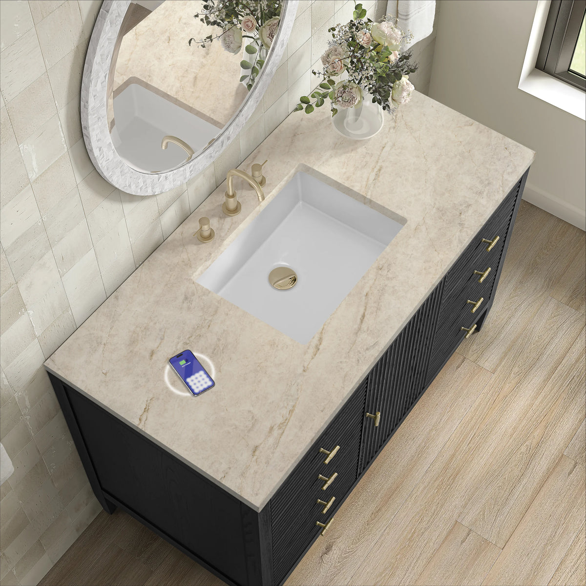 Myrrin 48" Single Vanity, Carbon Oak, w/ 3 CM Tajnar Eclos Top w/FreePower Wireless Charger, view 8