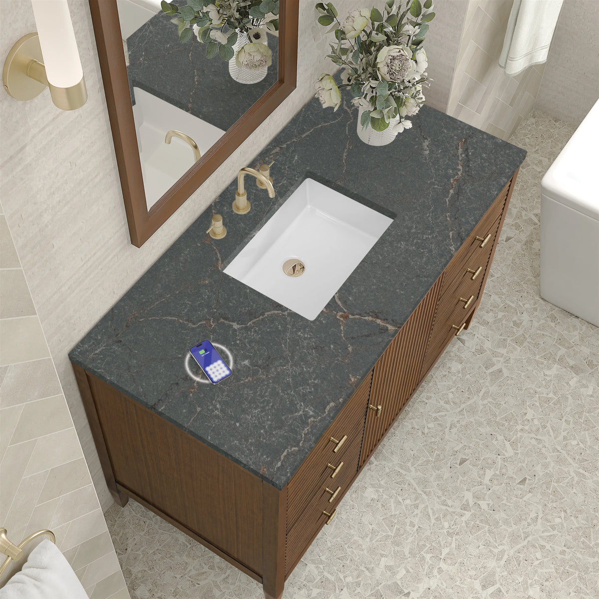 Myrrin 48" Single Vanity, Mid Century Walnut w/ 3 CM Parisien Bleu Silestone Top w/FreePower Wireless Charger, view 10