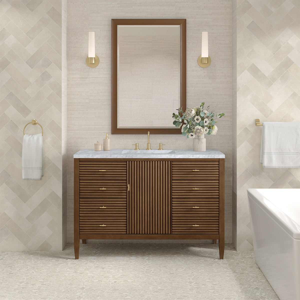 Myrrin 48" Single Vanity, Mid Century Walnut w/ 3 CM Carrara White Marble Top, view 3