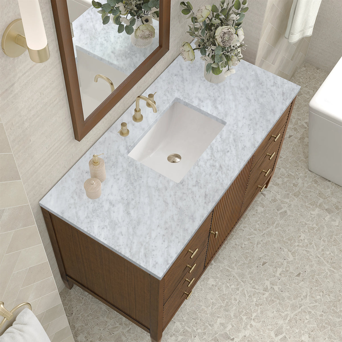 Myrrin 48" Single Vanity, Mid Century Walnut w/ 3 CM Carrara White Marble Top, view 7