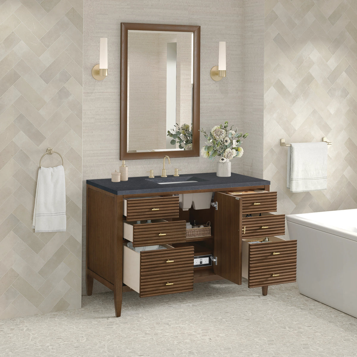 Myrrin 48" Single Vanity, Mid Century Walnut w/ 3 CM Charcoal Soapstone Silestone Top, view 5