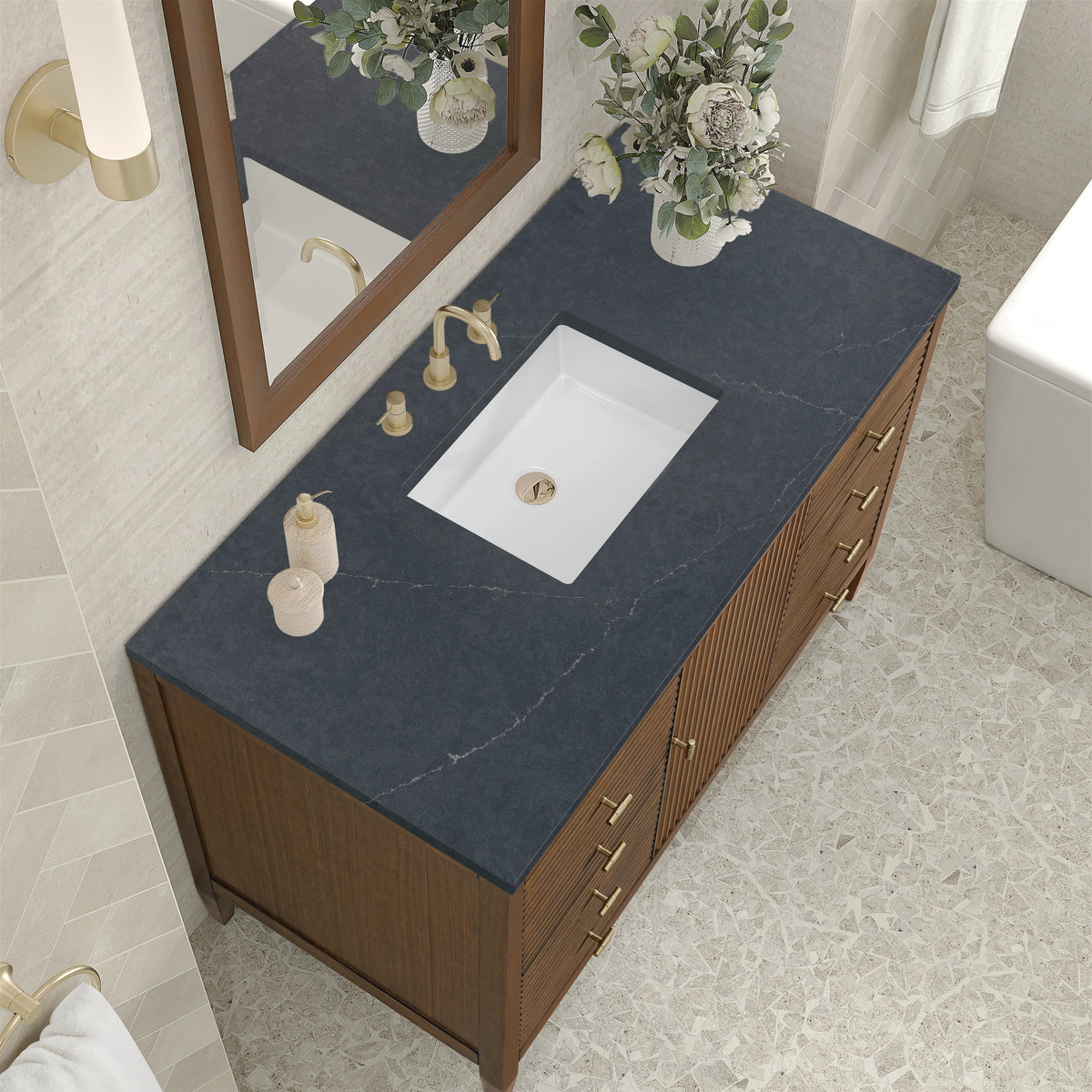 Myrrin 48" Single Vanity, Mid Century Walnut w/ 3 CM Charcoal Soapstone Silestone Top, view 7